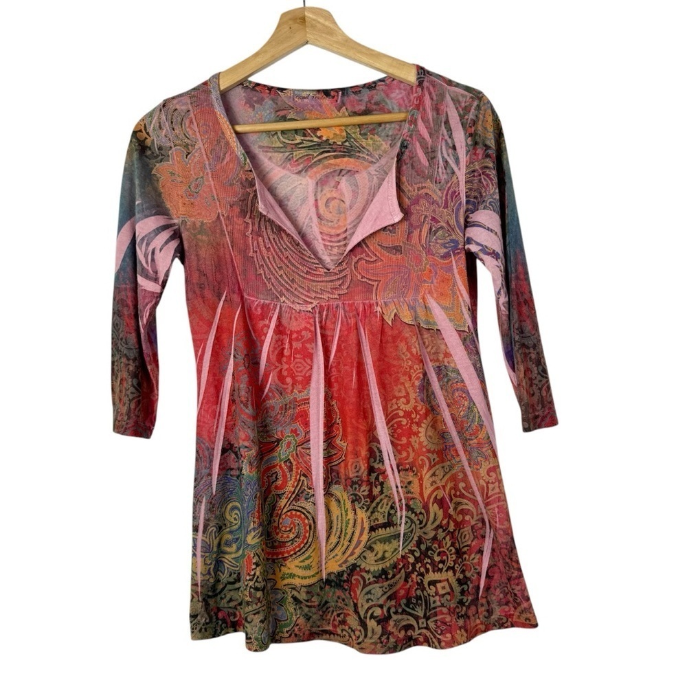 Casual Freedom Y2K Pink & Red Silk Blend Burnout Printed Half Sleeve Top S